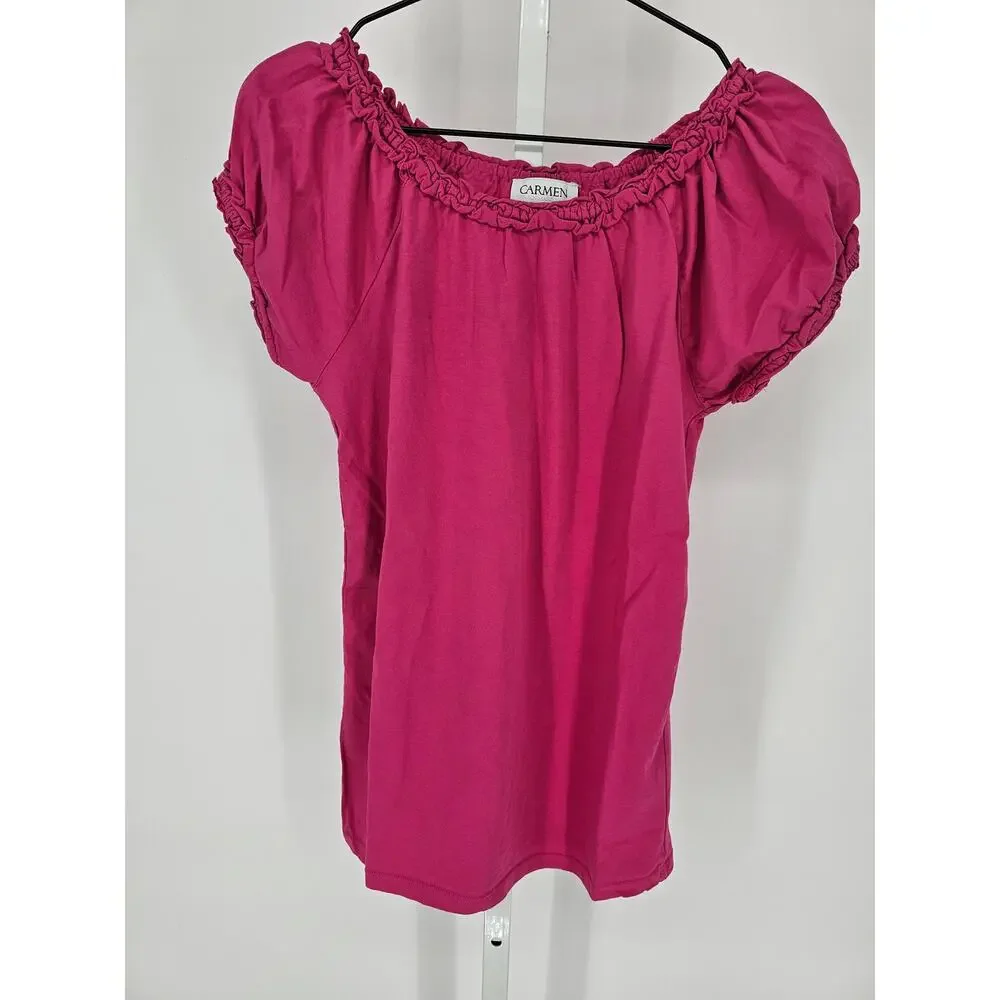 Carmen Marc Valvo Womens Sz S 100% Pima Cotton Bright Pink Off Shoulder Blouse - Picture 1 of 3